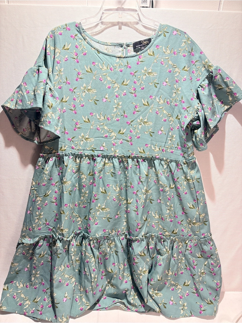 Suzanne Betro Mint Floral Tiered Dress with Pink Buds
